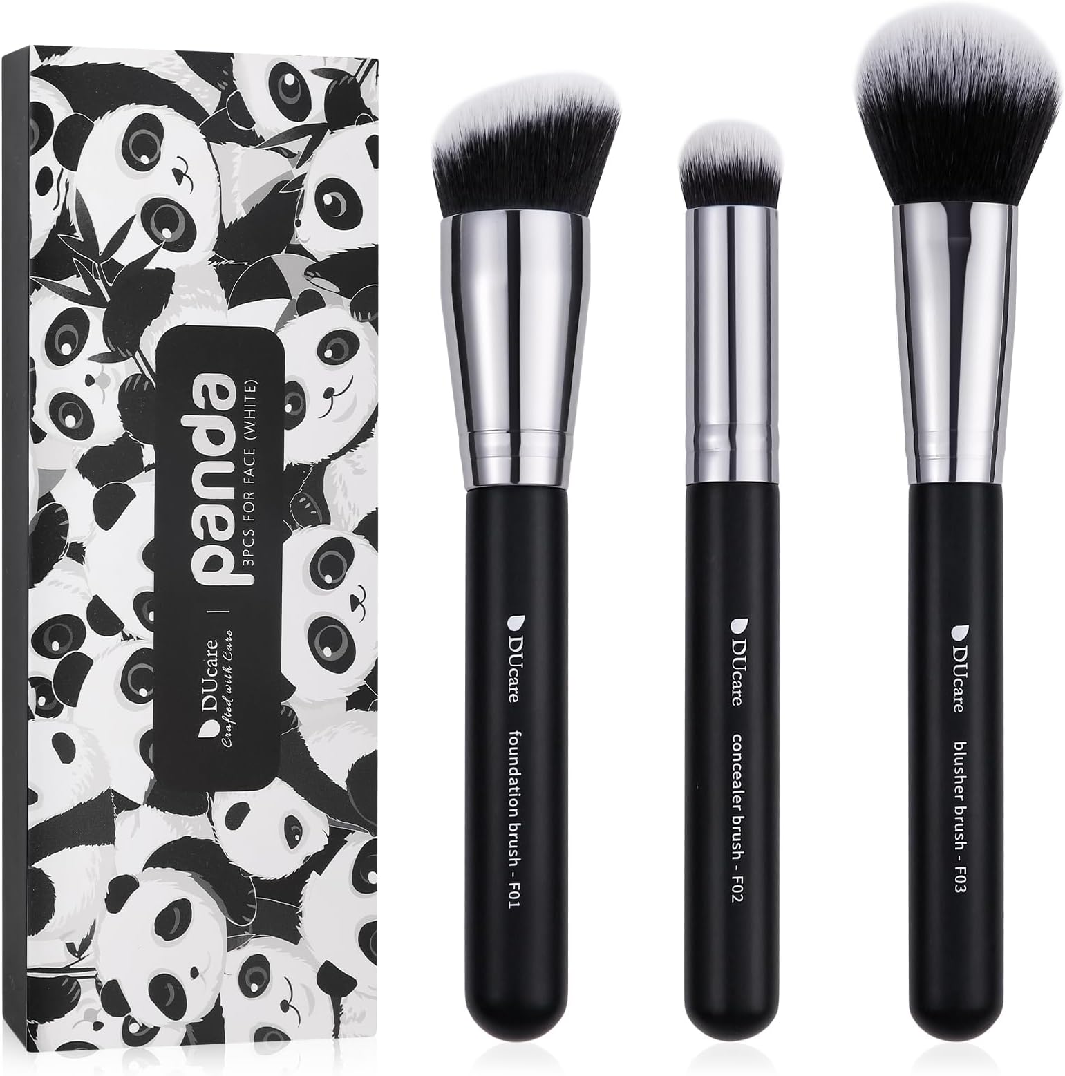 3 Pcs Panda Foundation Brush Set, Premium Synthetic Brushes with Contour Foundation, Concealer & Blush Brushes, Professional Travel Makeup Kit for Face Makeup(Black)