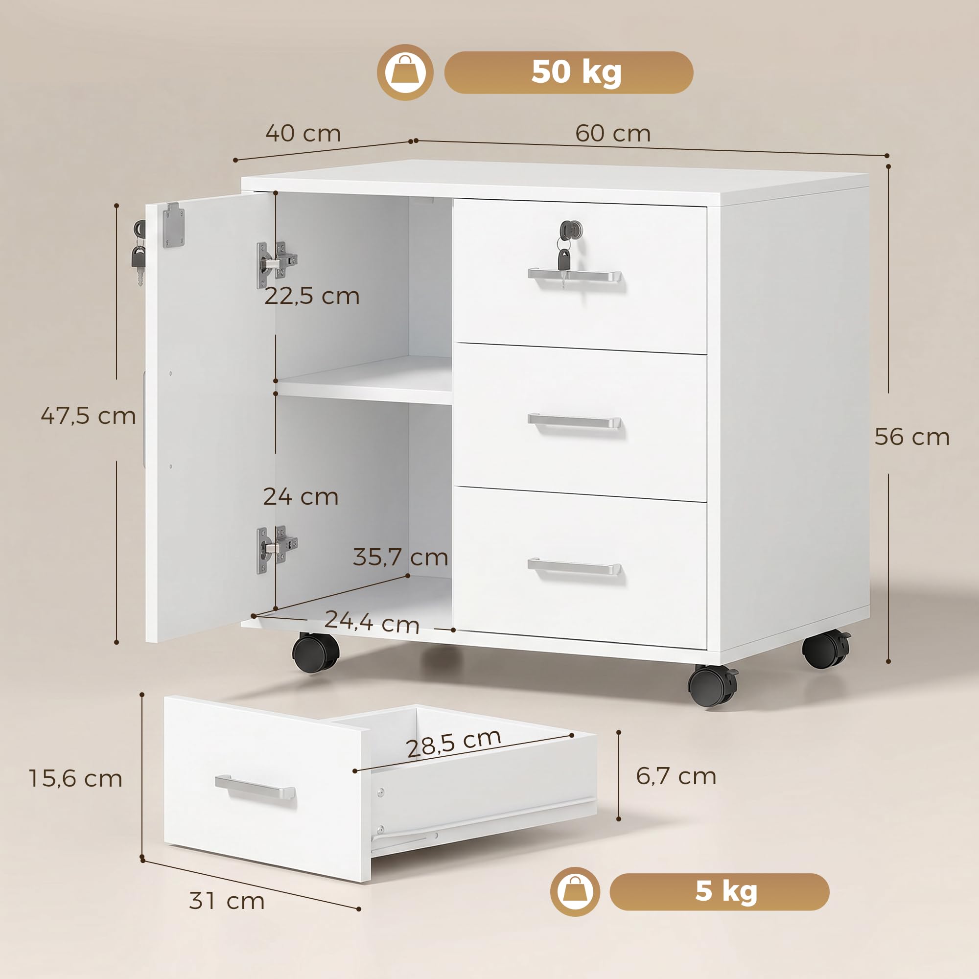 HOMCOM Mueble para Impresora con Ruedas Puerta 60x40x56 cm Blanco | Mesa para Impresora, 3 Cajones, Cerraduras, Estante Ajustable, Archivador Móvil para Oficina en Casa