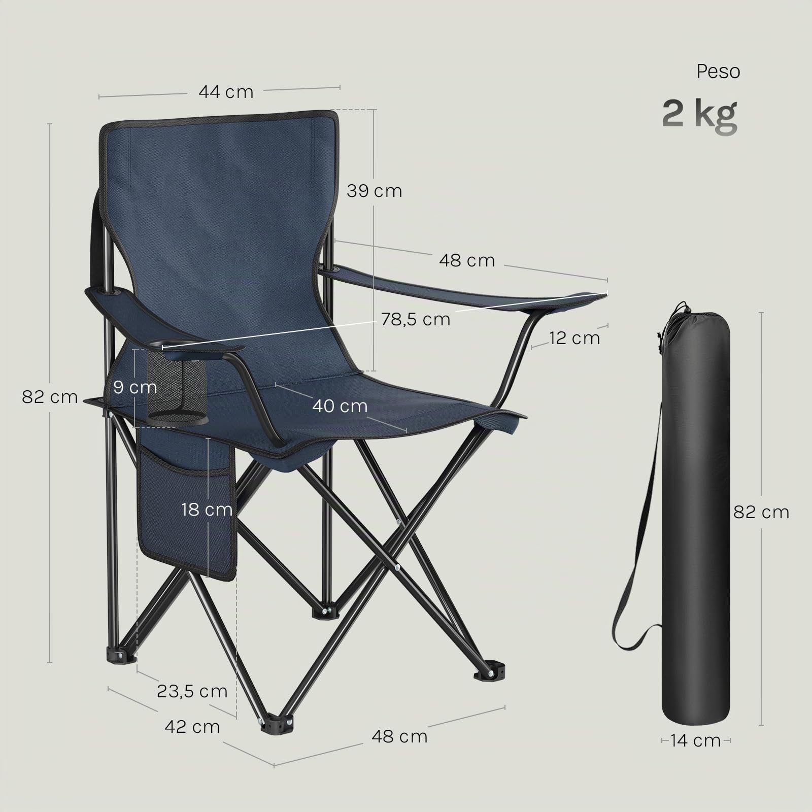 WOLTU Set di 2 Sedie da Campeggio, Sedie Pieghevoli con Borsa di Trasporto, Portabicchiere e Tasca Laterale, Portata 120 kg Ciascuna, per Pesca, Picnic e Spiaggia,Blu Scuro
