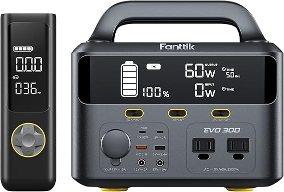 Fanttik EVO 300 Portable Power Station, 299Wh Backup Power Supply, Real-Time Monitoring, 2 AC 110V/300W(Peak 600W) Pure Sine Wave Outlets, for Outdoors Camping Travel Hunting RV Emergency