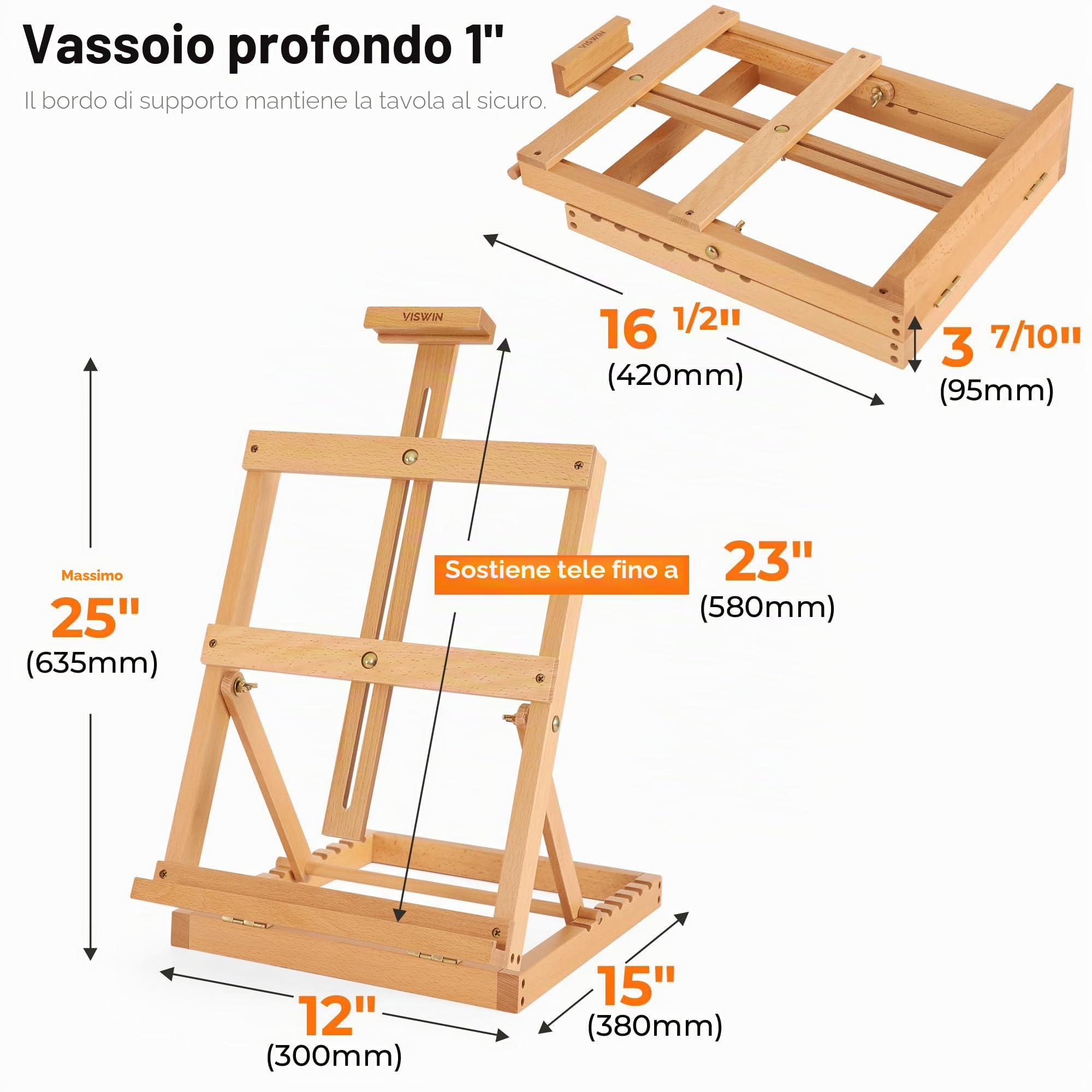 VISWIN Cavalletto da Tavolo in Legno Resistente con Telaio ad H, Supporto per Tele Fino a 58 cm, Cavalletto da Tavolo Regolabile per Artisti in Legno di Faggio per Dipingere su Tela, Adulti