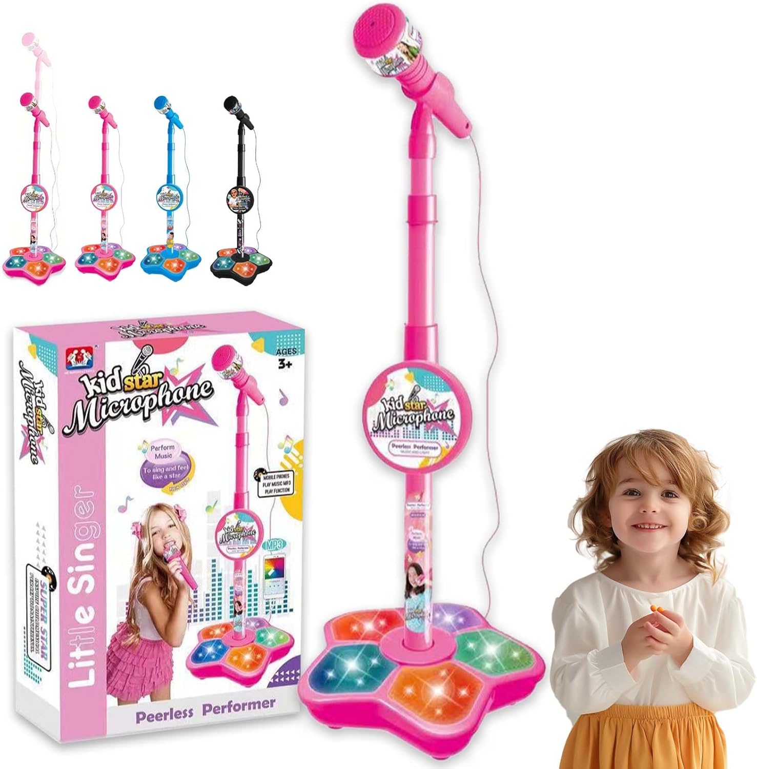 The All-in-One Microphone Toy, New Karaoke Microphone Toy with Adjustable Stand and Colorful Led Lights, Children’s Singing Toys Microphones with Echo for Little Singers (Pink)