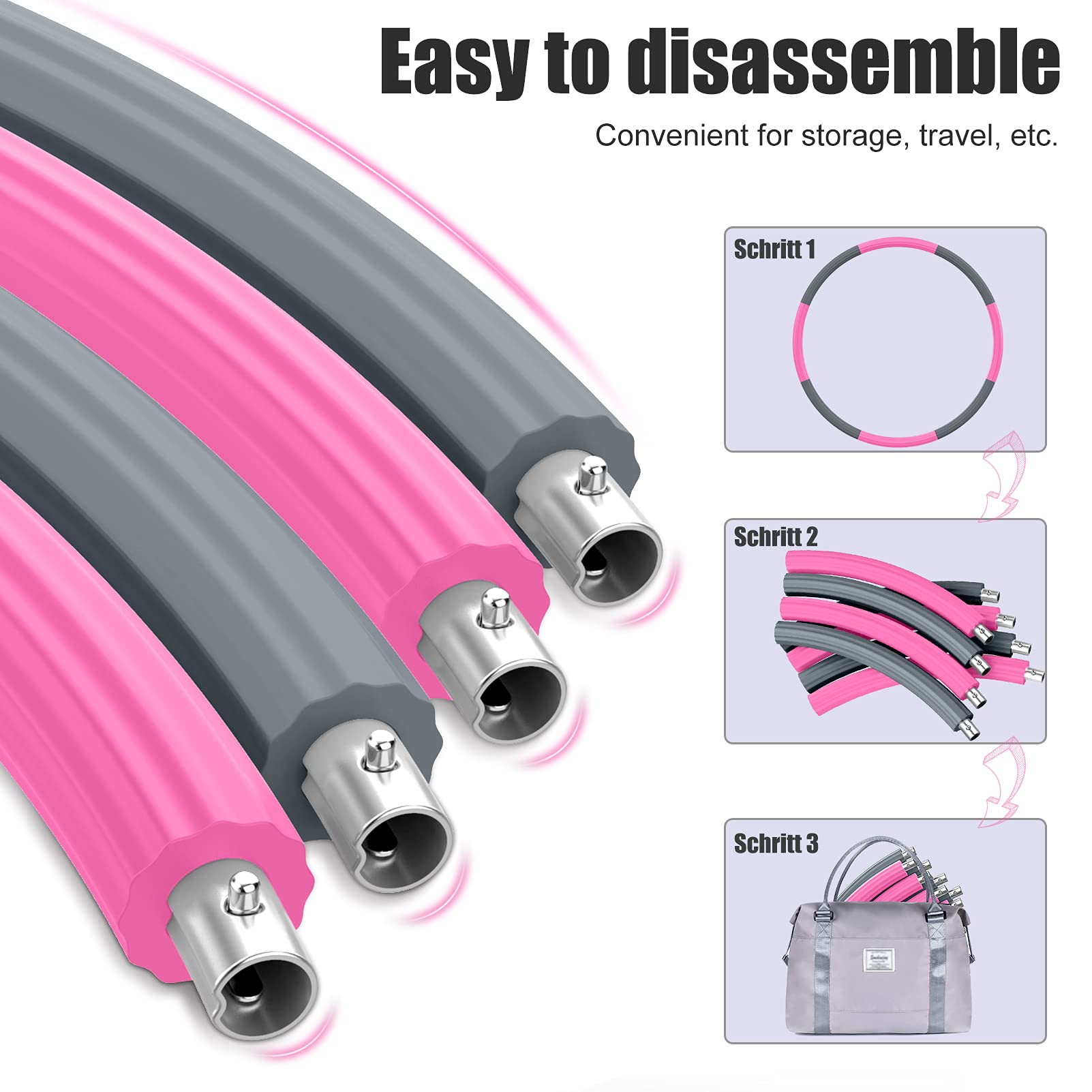 Hula Hoop Reifen, Hula Hoop Reifen Erwachsene für Fitness, 1,8 kg-3,5 kg Gewichtsverstellbarer, Rein Hoop für Erwachsene & Kinder zur Gewichtsabnahme und Massage (Grau Rosa)