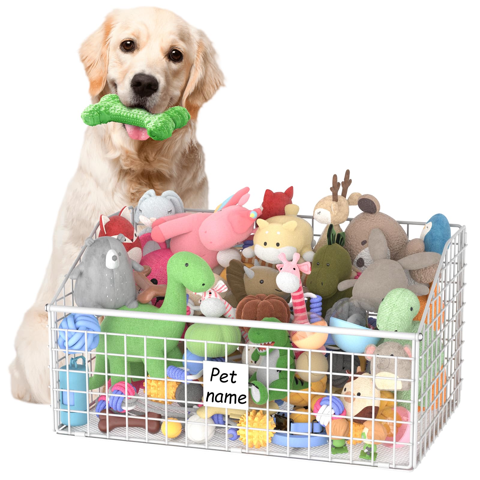 Kaiferty Indestructible Dog Toy basket, Large Toy Box for Dogs,Pet Toy Bin Dog Metal Basket for Toys, Toy Storage Organizer, Toy Box for Living Room Area (White)