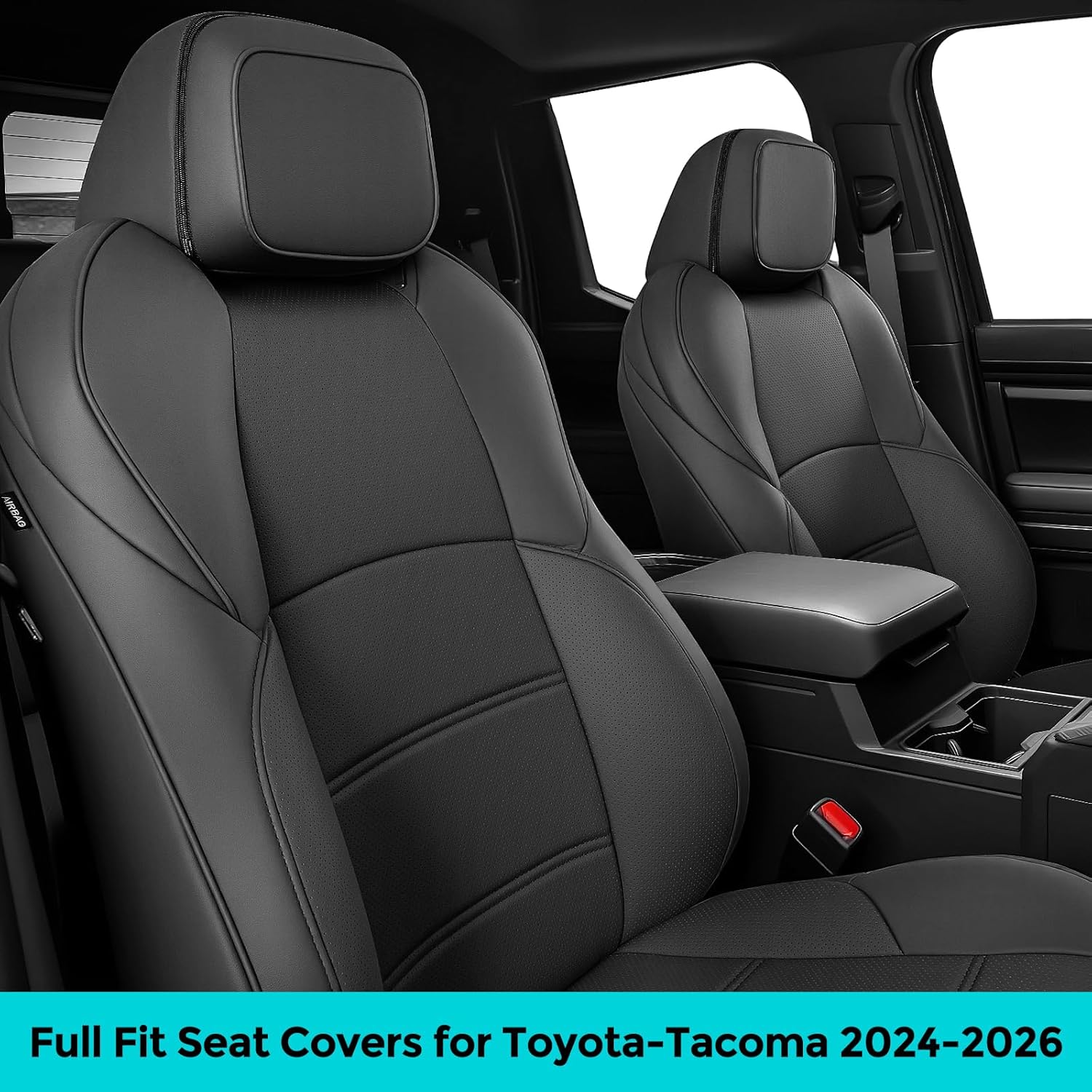 Car Seat Covers for Toyota Tacoma 2024 2025 2026 Double Cab (Gas Only), Full Set All Weather Faux Leather Pickup Truck Accessories, Full Coverage Custom Seat Protectors for Tacoma SR SR5 TRD (Black)