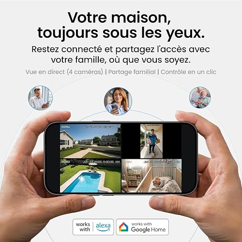 AOSU 3K 5MP Camera Surveillance WiFi Exterieure Sans Fil Solaire Kit avec 2K Sonnette Vidéo et Camera Interieur, Protection 360°, Alertes IA, Suivi Multi-Caméras, Vision Nocturne, 32GB Extensible 16TB - 8