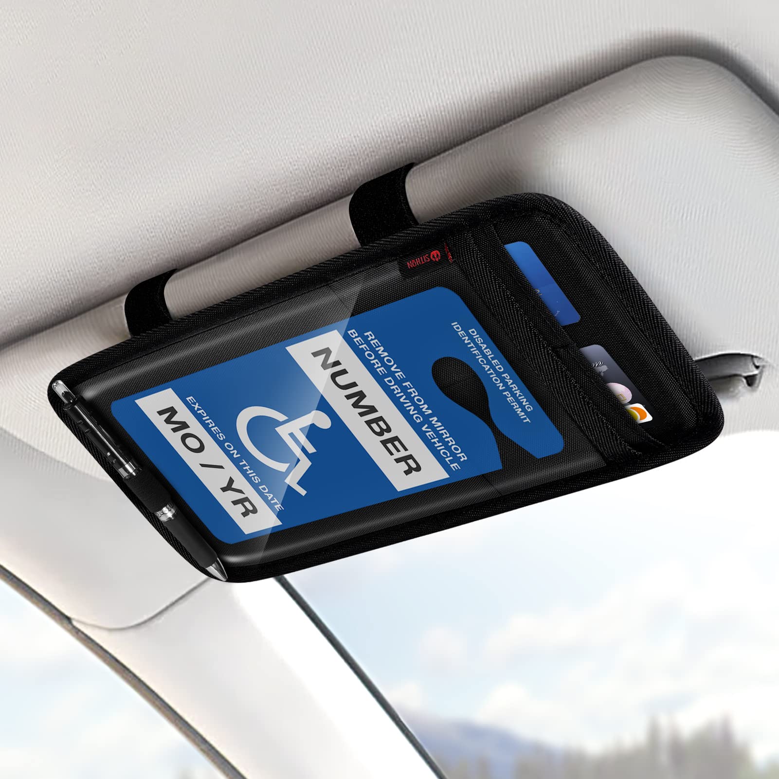 SITHON Handicap Placard Holder for Car Visor, Disabled Parking Permit Sign Protector with Pen Holder, Card Slots and Elastic Strap, Black