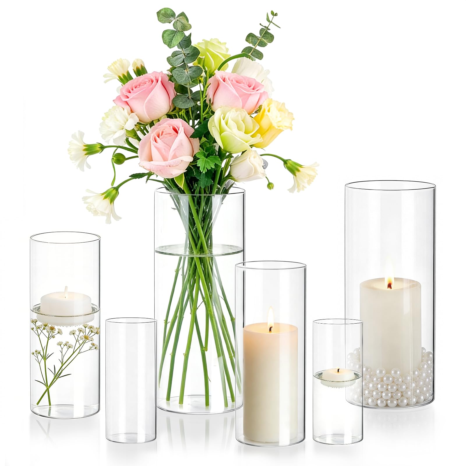 Set di 6 vasi cilindrici in vetro, resistenti al calore | Per decorazione da tavolo, vasi in vetro trasparente per fiori, candele votive a pilastro, centrotavola per matrimoni, casa