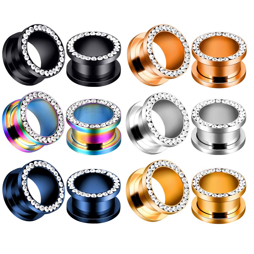 YOFANST2pcs-12pcs Double Flare Stainless Steel Tunnels Gauges Screwed Gem Rhinestones Tunnels Plugs Stretcher Jewelry