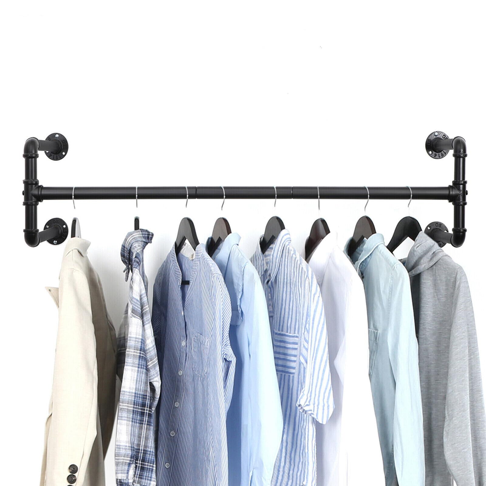 Barra Colgadores de Ropa de Pared Industrial de 115 cm, Montaje en Pared, Industrial, para Dormitorio, Salón, Color Negro