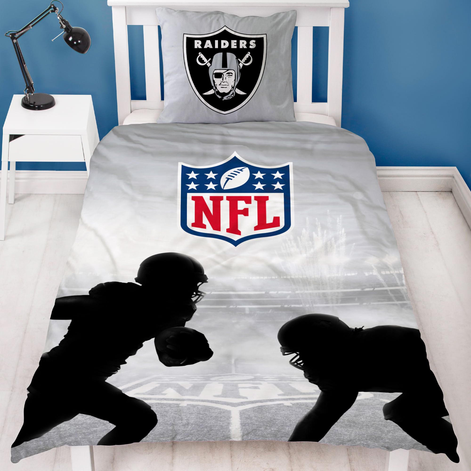 BERONAGE NFL Bettwäsche Las Vegas Raiders 135 x 200 cm + 80 x 80 cm 100% Baumwolle Renforcé-Linon-Qualität Reißverschluss American Football Fan Super Bowl Allegiant Rusher Wende-Bezug deutsche Größe