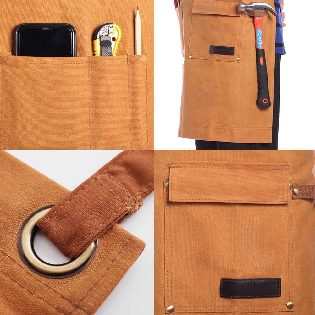 MSSOHKAN Tool Apron for Men with Pockets Woodworking Apron with Adjustable Belt and Cross-Back Strap Heavy Duty Work Apron for Women Waterproof Carpenter Apron Utility Apron