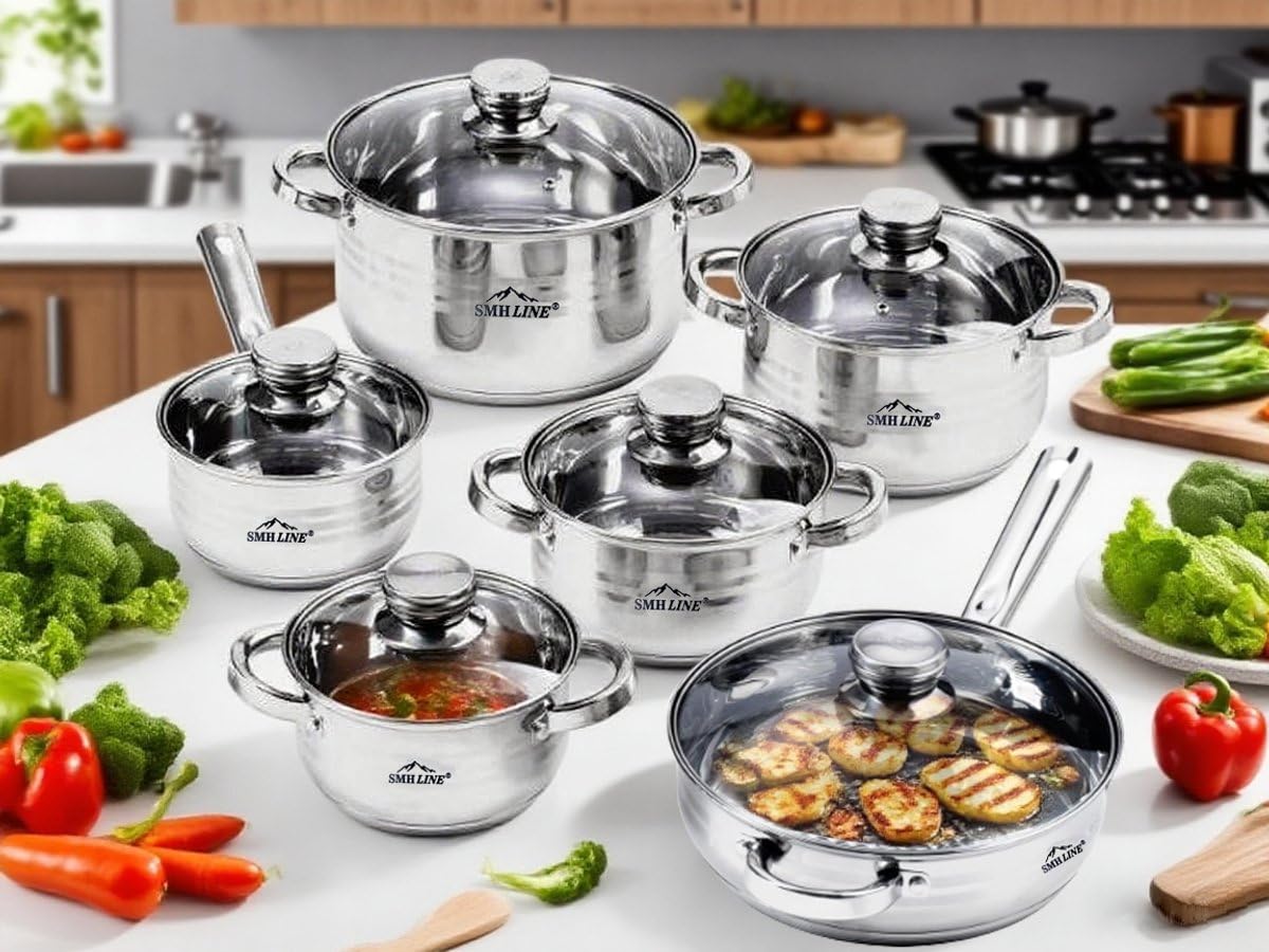SMHLINE® 12-tlg Topfset Töpfe Set induktionsgeeignet Kochtopf Set Pfannen Edelstahl Kochgeschirr Pfannenset Glasdeckel Küchensets Bratpfanne