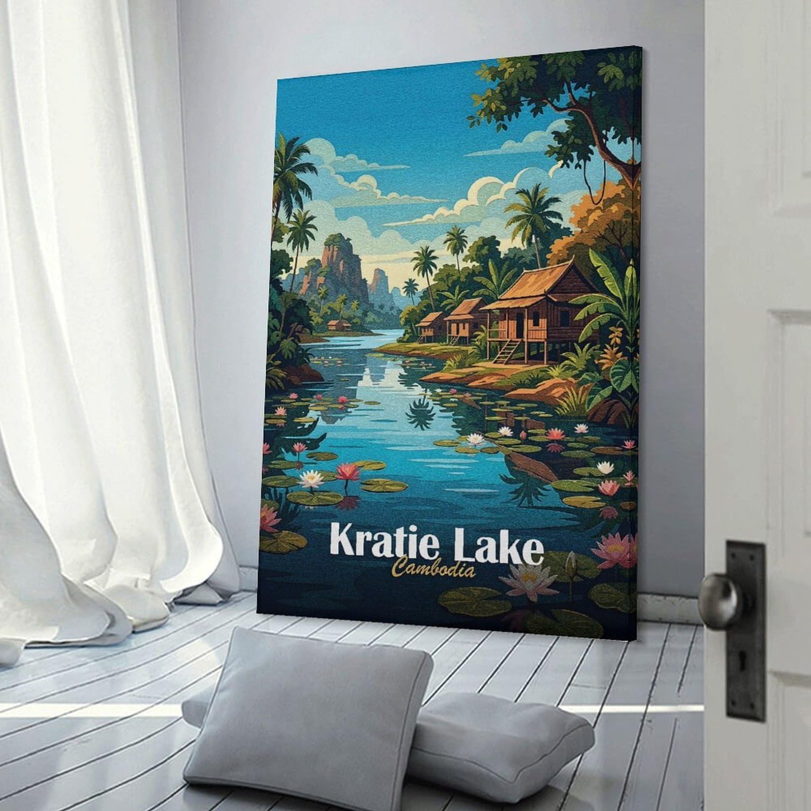 Junmoney Kratie Lake, Cambodia, Tropical Landscape Decorative Wall Artwork, 16x24inch(40x60cm), for Home Lounge, Bedroom Or Reading Nook, Eye Catching Artwork for Blank Walls