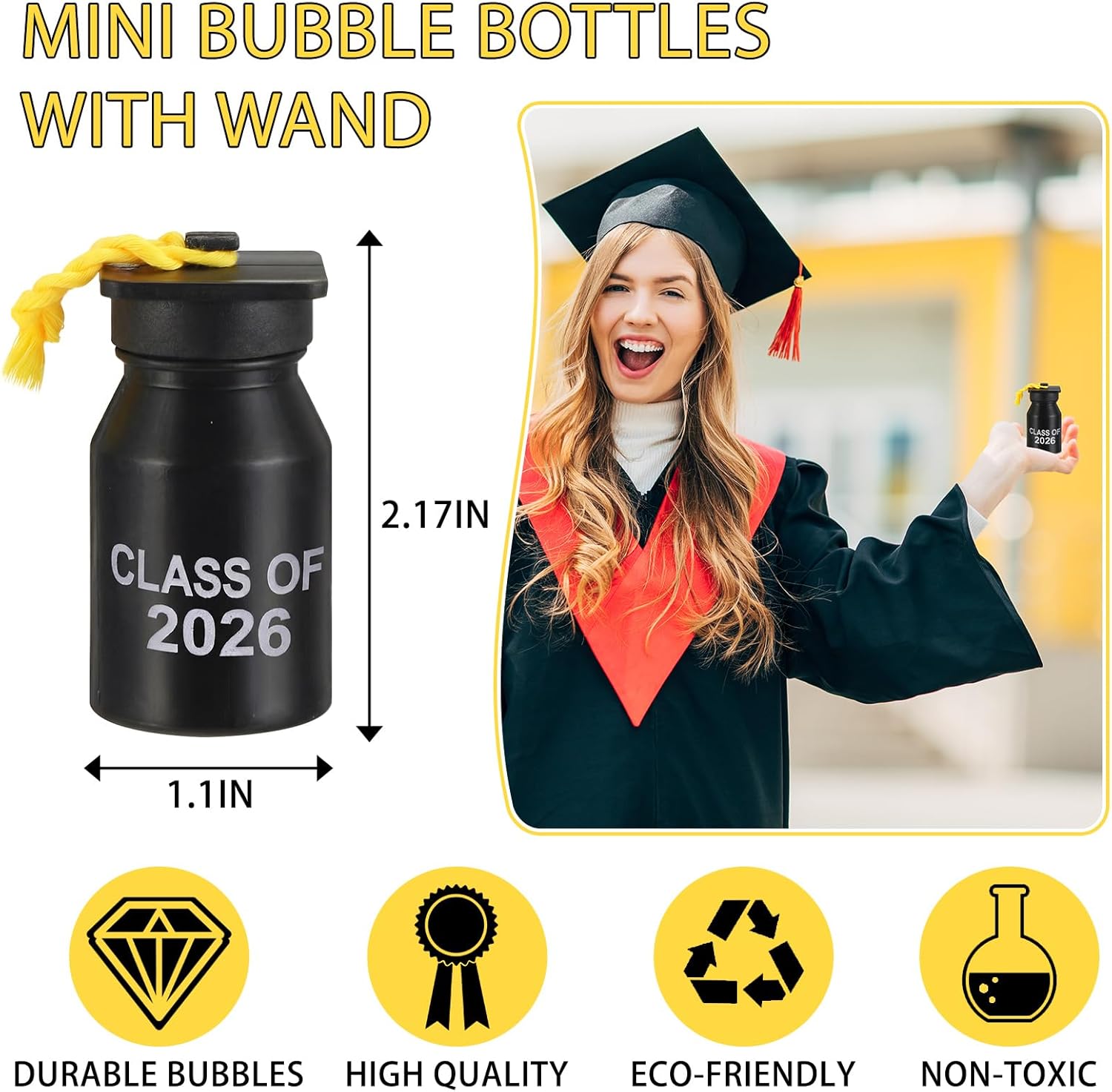Hollowfly 72 Pcs 2026 Graduation Bubble Bottles Bulk 0.6oz Mini Bubble Bottles with Cap Wand 2026 Graduation Party Favors for Guests Congratulate Party Supplies (Black)