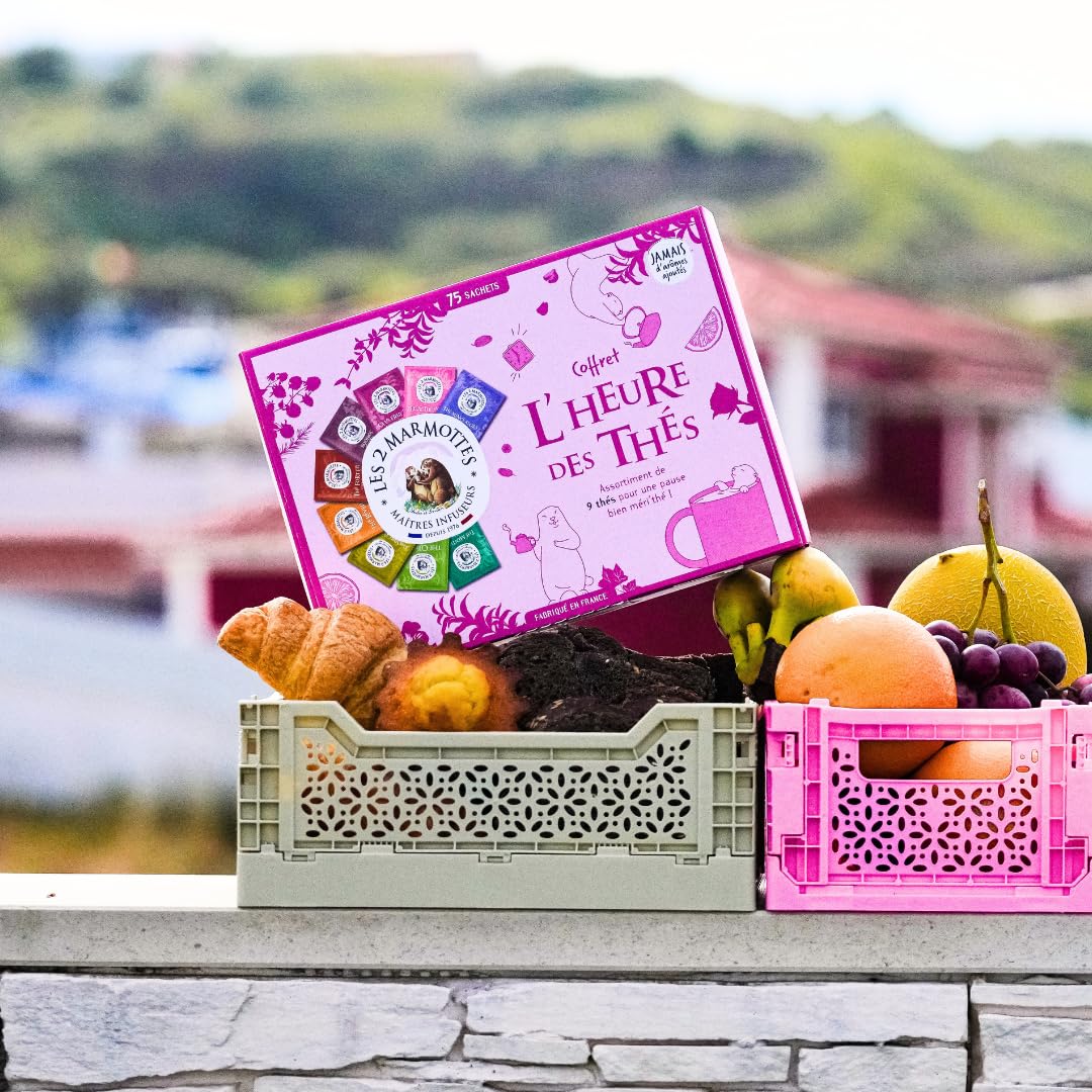 Les 2 Marmottes - Coffret L'Heure des Thés 75 Sachets - 9 Thés et Rooibos BIO - Idéal En Cadeau - Petit Déjeuner et Energisant - Made In France - Sans arômes ajoutés - 127g
