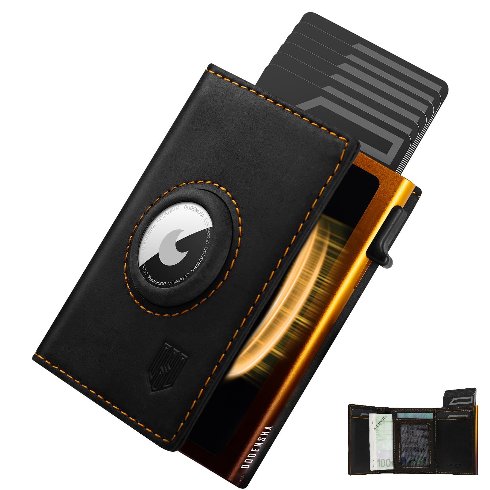 DODENSHA® MagSnap Airtag Wallet Herren I Kartenetui Herren I Smart Wallet für 10+ Karten I Wallet mit Münzfach I Geldbeutel mit AirTag* Fach I Geldbörse Herren mit RFID Schutz I SchwarzGelb