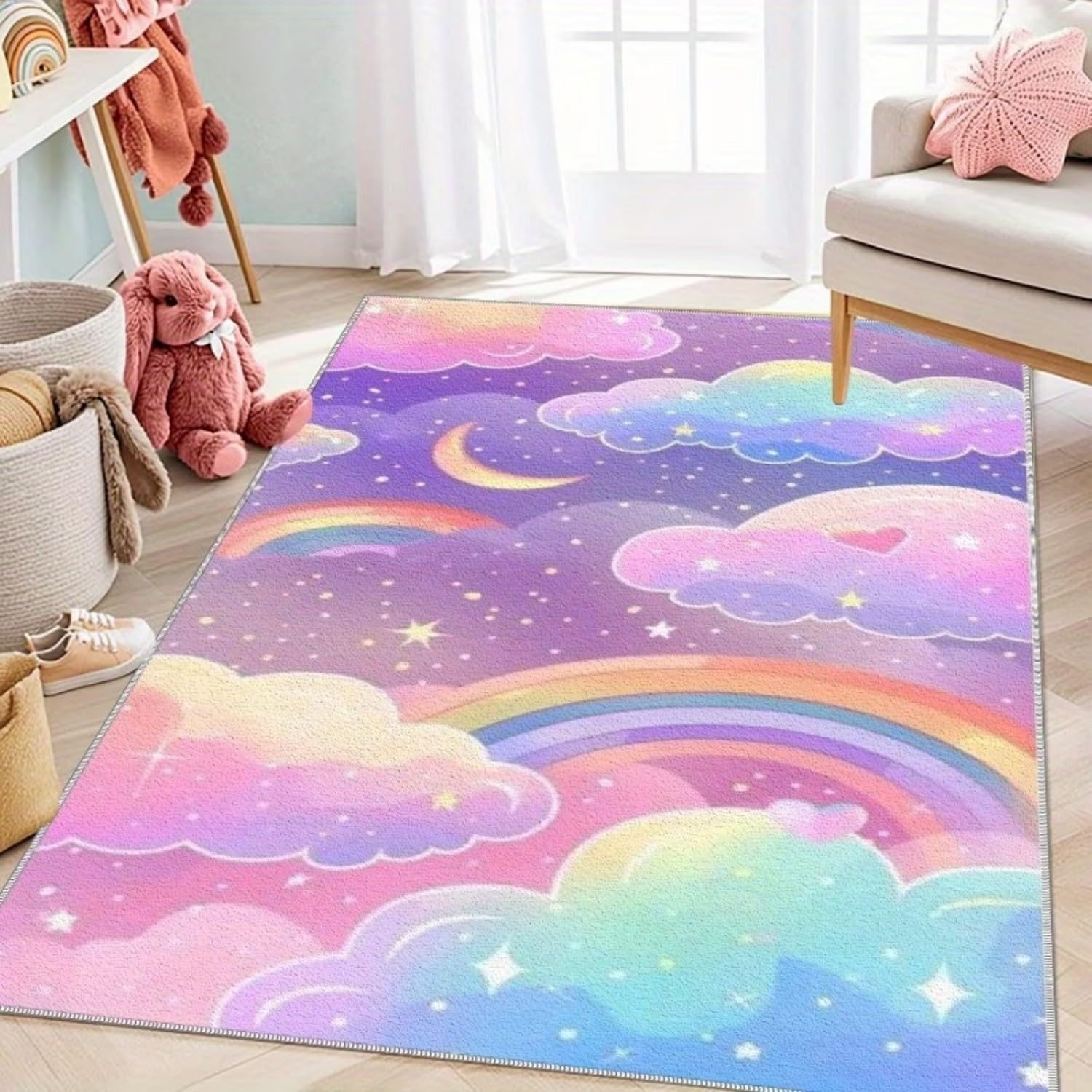 Purple Rainbow Area Rug, 60x90cm Cute Pastel Cloud Aesthetic Rug, Magic Starry Night Sky Carpet for Living Room Bedroom, Washable, Easy-To-Clean Rugs, Soft Kawaii Room Decor, Birthday Gift for Girls