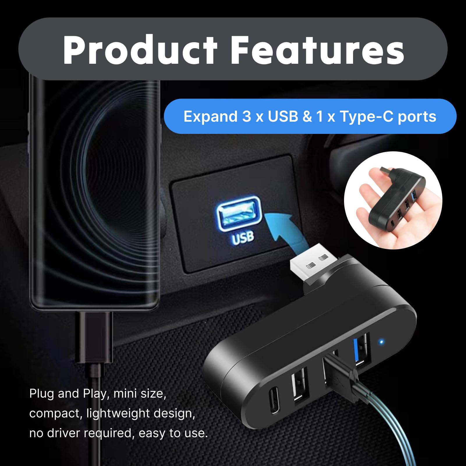 Mini Hub USB z 4 portami USB 3.0 i USB C, obracany o 90°/180° rozdzielacz USB, mini hub kompatybilny z laptopami, komputerami PC, MacBook, samochodem, przenośnym rozdzielaczem laptopa do