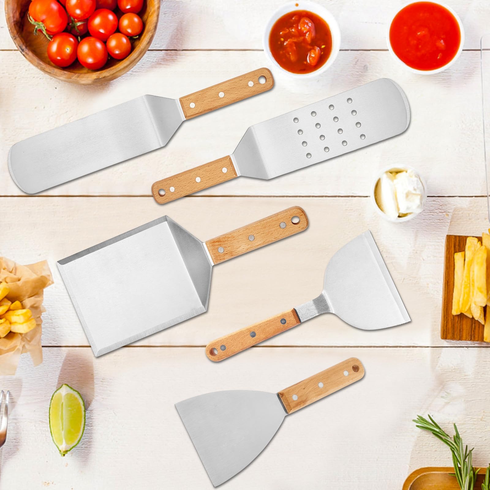 Grillzubehör 25 Stück, Leonyo Flat Top Grillzubehör, Professionelles Grillwerkzeug mit Vergrößertem Spatel Schaber, Backabdeckung, Smash Burger Presse, Tragetasche für Outdoor Grill, Holzgriff