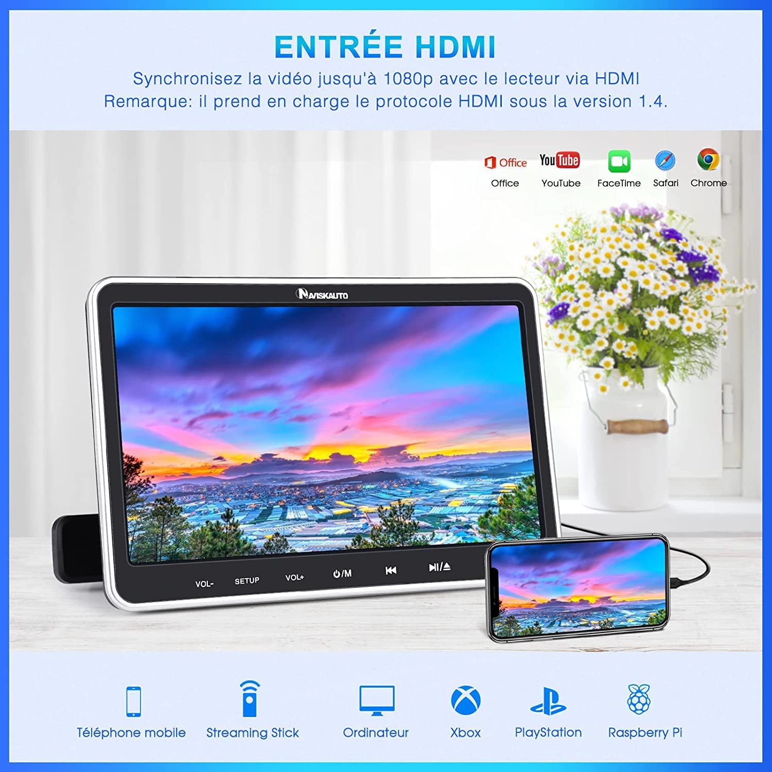 HDMI Input Lecteur DVD Voiture Double Ecran d’Appui tête Slot in Design NAVISKAUTO 10,1 Pouce (2 Lecteurs DVD) pour Enfant Equipé Casque Supporte USB SD Région Libre