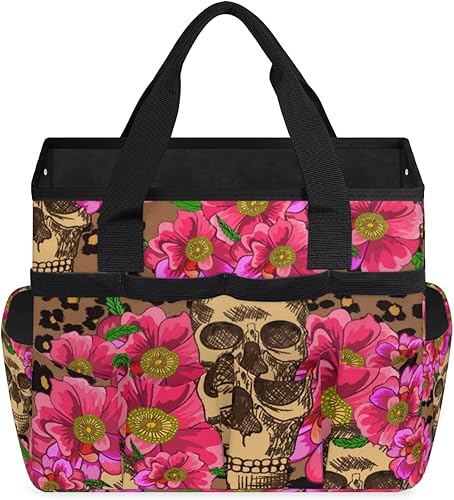 Miniatura 2 de Sugar Skull Pink Flowers Garden Tool Tote Bag for Women Men Gardening Tool Storage Bags with 10 Pockets Standable Garden Home Tool Kits Organizer