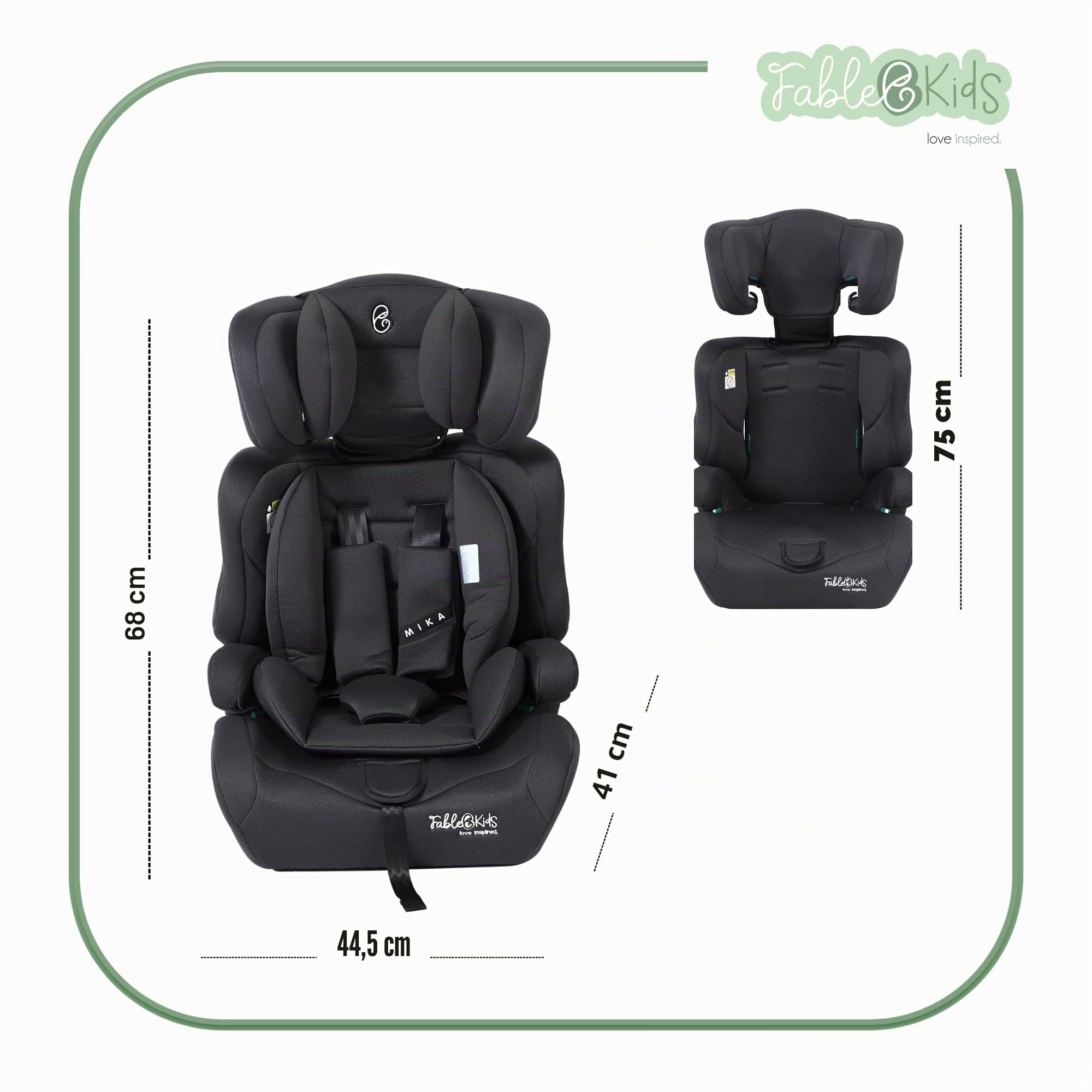 FableKids seggiolino auto per bambini | cintura di sicurezza a 3 punti | Seggiolino auto per bambini 76-150 cm | seggiolino regolabile con poggiatesta | ECE R129 | nero