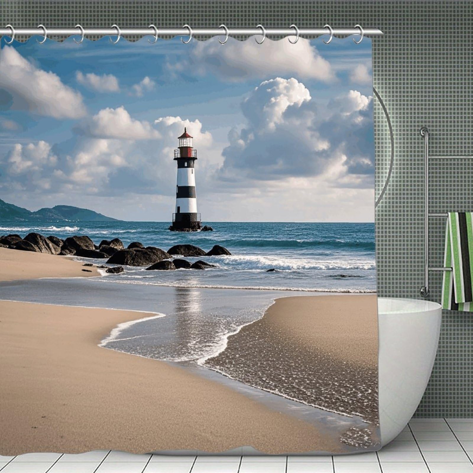 VstaDank Sea Lighthouse Sandbeach Shower Curtain Waterproof Bathroom Shower Curtain with C Type Hooks Soft Lightweight Shower Curtains Liner Washable Polyester Cloth Shower Liner 71x71 Inch