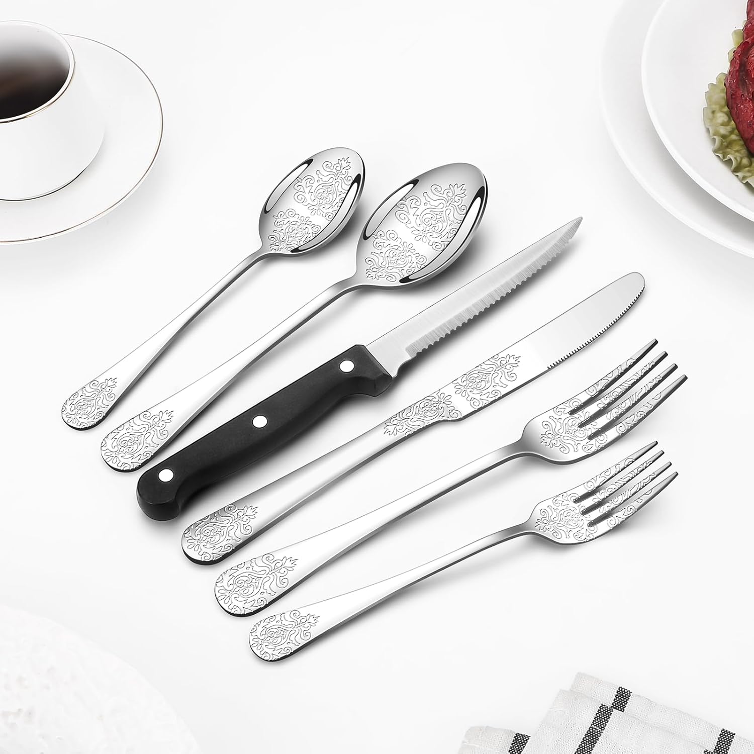 49PCS Silverware Set for 8 with Flatware Drawer Organizer, Stainless Steel Cutlery Set with Steak Knives, Include Spoons and Forks Set, Carving floral patterns, Dishwasher Safe