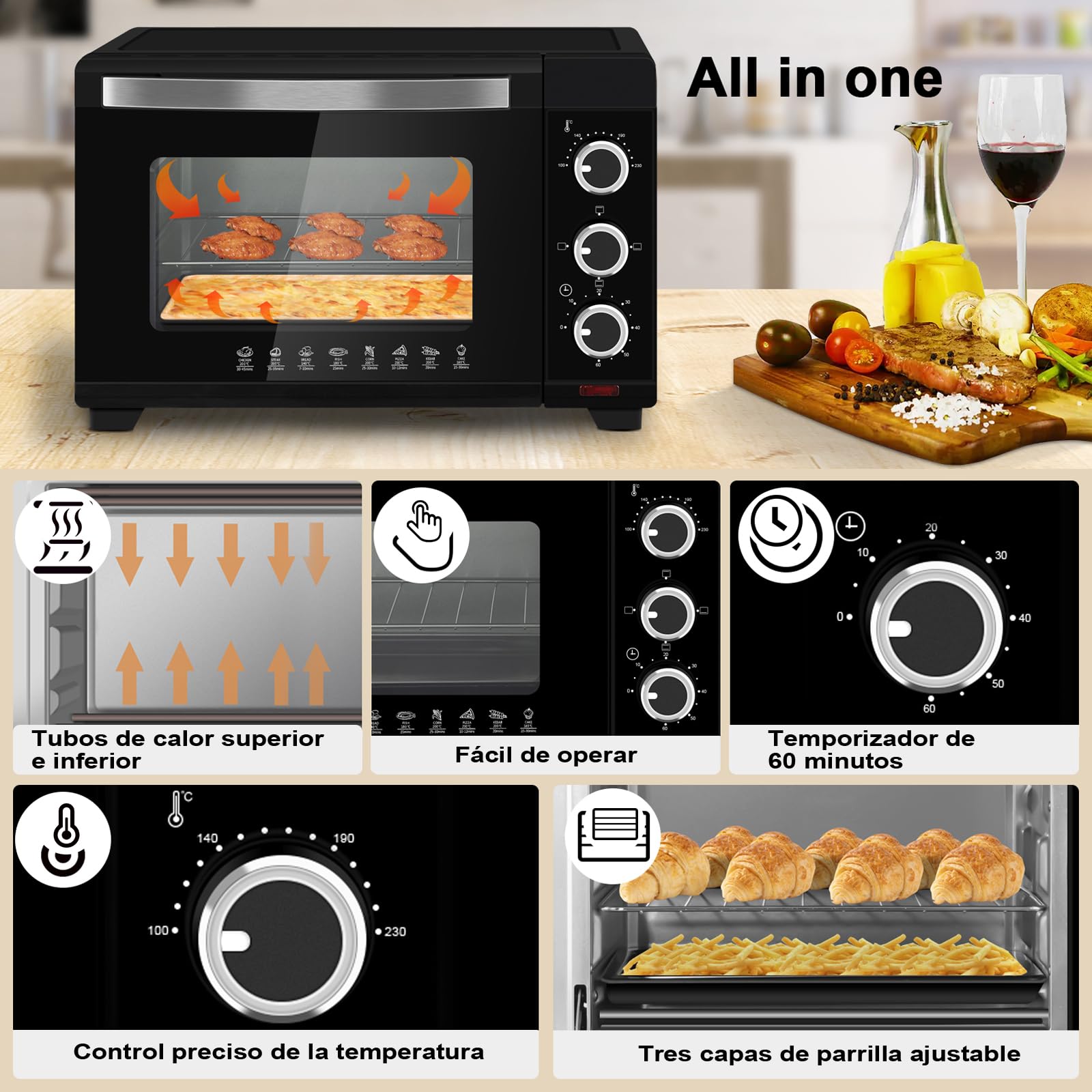 WOLTU Horno Pequeño Sobremesa 21L 1280W 100-230℃ Temporizador Negro