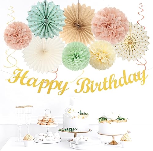 Miniatura 4 de Decoraciones de fiesta de cumpleaños verde salvia-rosa rubor-beige - 21 piezas pancarta Happy, faroles de papel crema rosa polvoriento claro, Verde