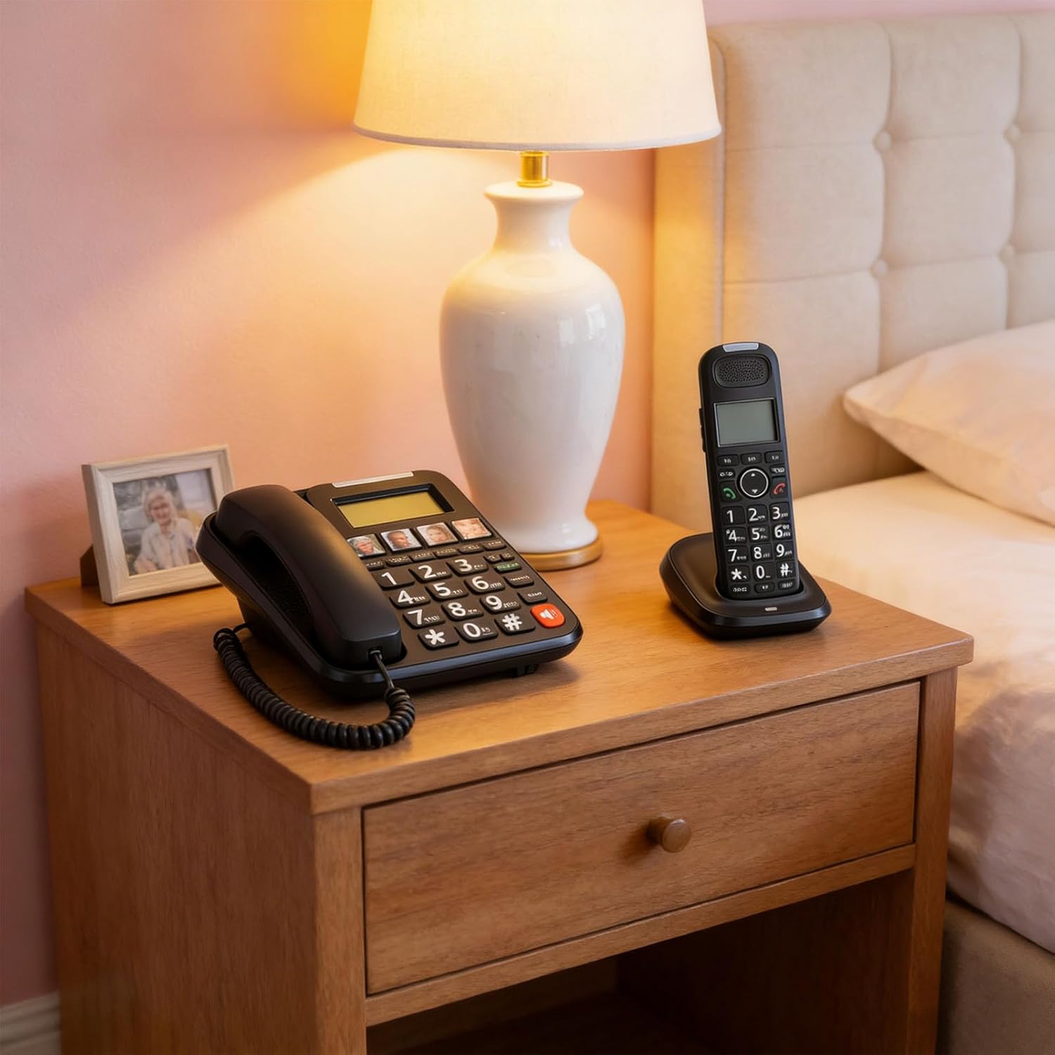 PUSOKEI Expandable Corded/Cordless Phone System, Big Buttons Phone for Elderly, Full Duplex Handsfree Call, Caller ID, Backlit Display, Volume Control, Wall/Desk Mount