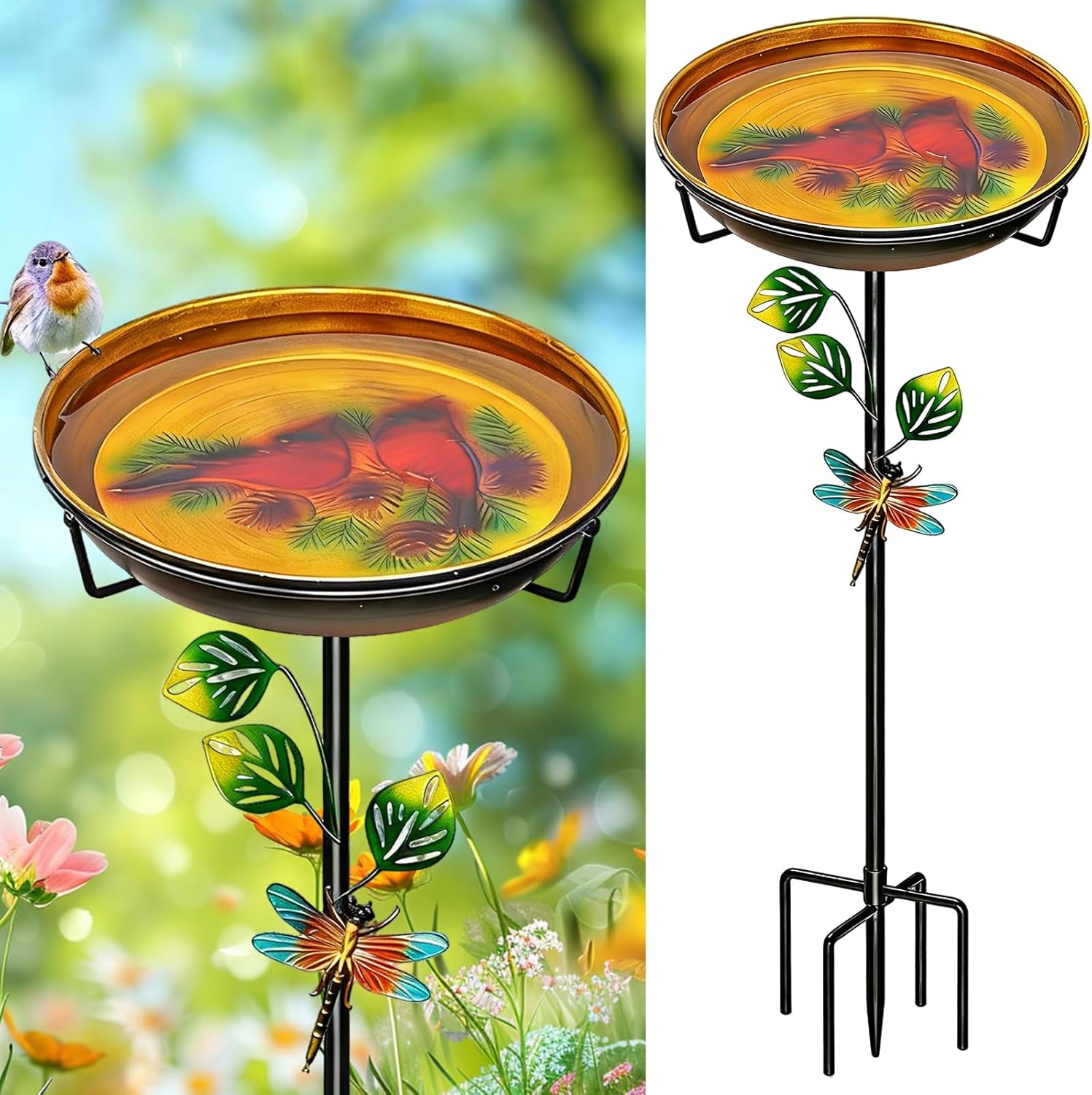 35.4In Metal Bird Bath for Outside, Freestanding Garden Birdbaths & Birdfeeder with Upgraded 5 Prongs Base, Bird Baths Feeder Water Bowl for Outdoors Patio Yard Lawn Art Decor (Yellow+Red)