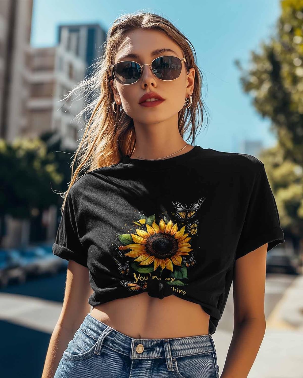 T-Shirt for Women, Sunflower Butterfly Watercolor - Image 4