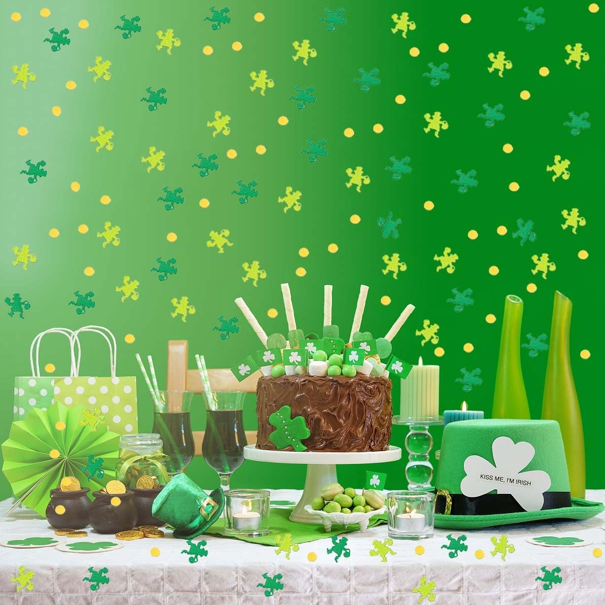 St.Patrick's Day Confetti Lucky Clover Shamrock Gold Round Shape Glitter Metallic Foil Table Scatters Confetti for St.Patrick's Day Decorations Irish Party Sets