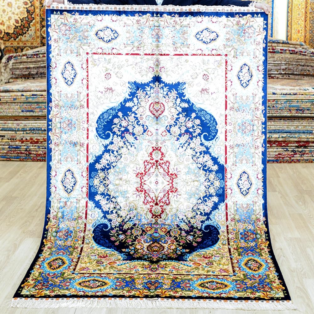 Yuchen Rug Oriental Silk Carpet 4x6 Blue Hand Knotted Traditional Medallion Vintage Luxury Silk Living Room Rug
