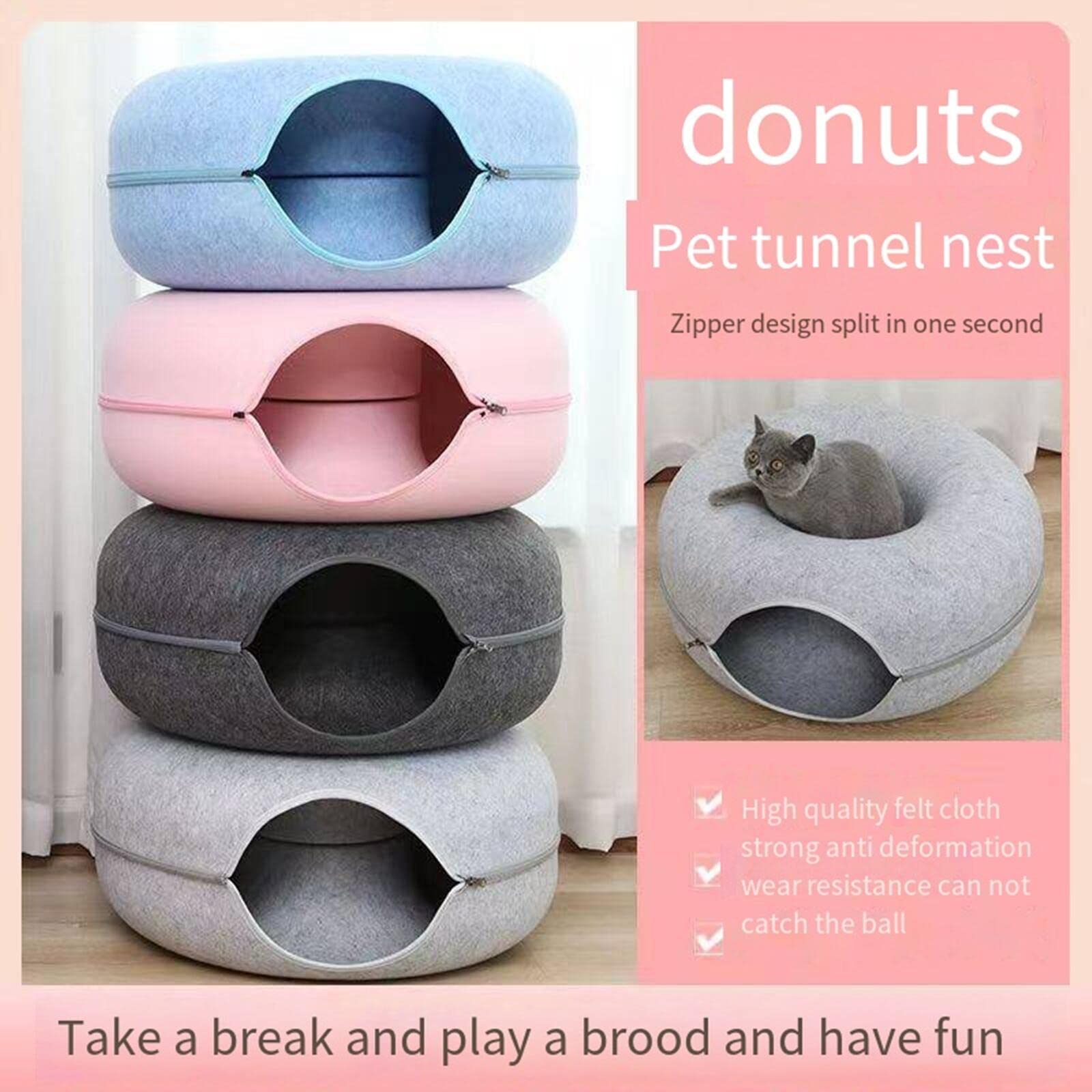 كهف للقطط من بيكابو، عش قطط قابل للإزالة بتصميم نفق من اللباد، عش للحيوانات الأليفة بتصميم حلوى دونات دائرية، سرير وكهف للقطط وكهف لجميع الفصول (كبير، داكن)