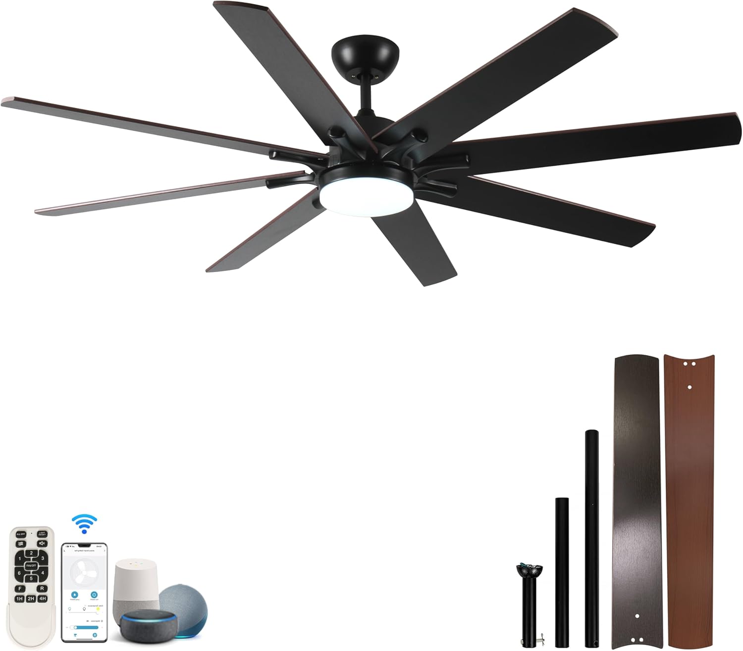 72 inch Large Ceiling Fans with Lights and Remote, Indoor/Outdoor Black Modern Ceiling Fan for Kitchen Living Room Patio, 6 Speed Reversible Quiet DC Motor, Dual Finish 8 Blades
