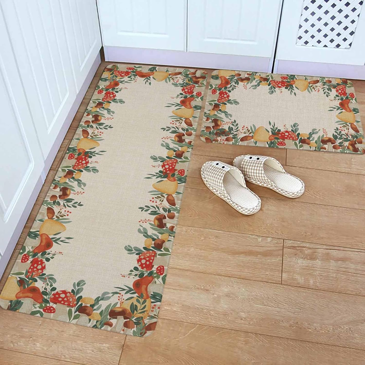 Fall Mushrooms Kitchen Rugs and Mats Set of 2, Non-Slip Kitchen Sink Mat, Autumn Green Eucalyptus Leaves Plants Washable Doormat Bathroom Rugs Runner for Bedroom/Living Room 19.7"x31.5"+19.7"x47.2"