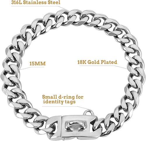 Miniatura 9 de BAOBOTE Collar de perro de acero inoxidable dorado de 0.59 pulgadas con cadena de eslabones cubanos resistente a prueba de mordidas, collar de