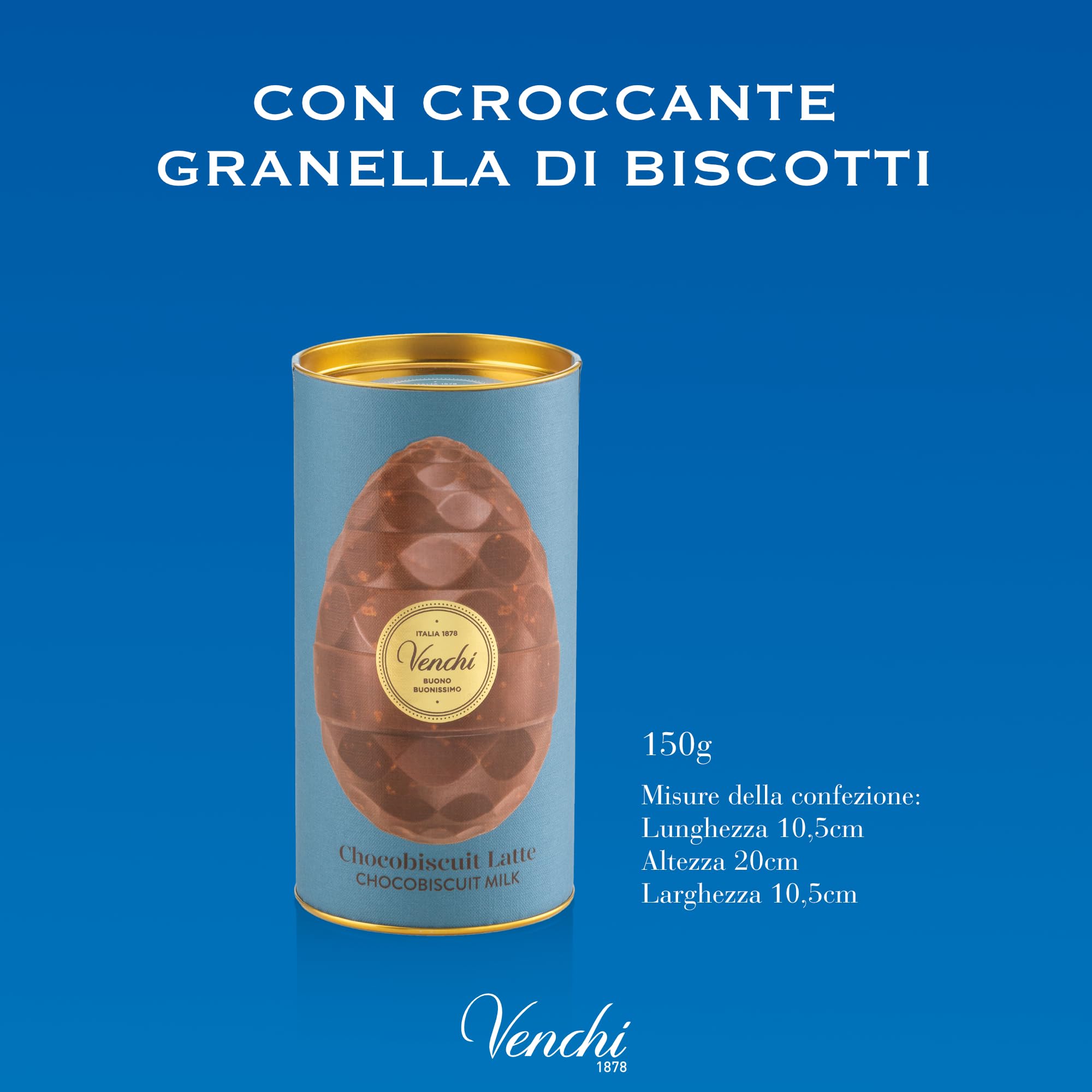 Venchi - Uovo di Cioccolato, Gusto Cioccolato al Latte con Granella di Biscotti, con Sorpresa, Senza Glutine, 150 gr, Collezione Pasqua, Idea Regalo