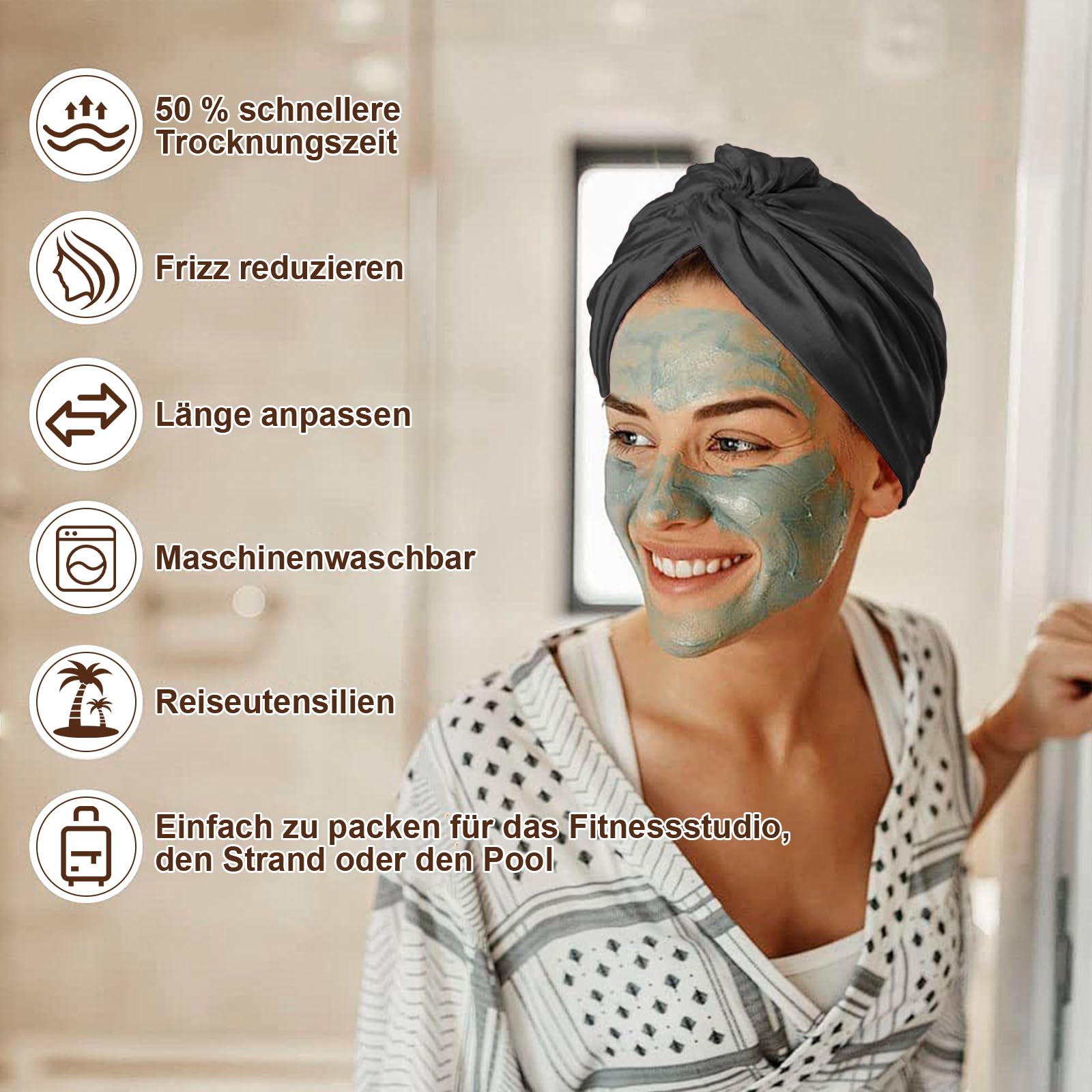 Seidenhaube zum Schlafen für gesunde Haare & lange Haare | Schlafhaube Seide verhindert Frizz, Haarbruch & Spliss | Silk Bonnet für Damen mit Locken & Haarhaube für die Nacht (Schwarz) - 2