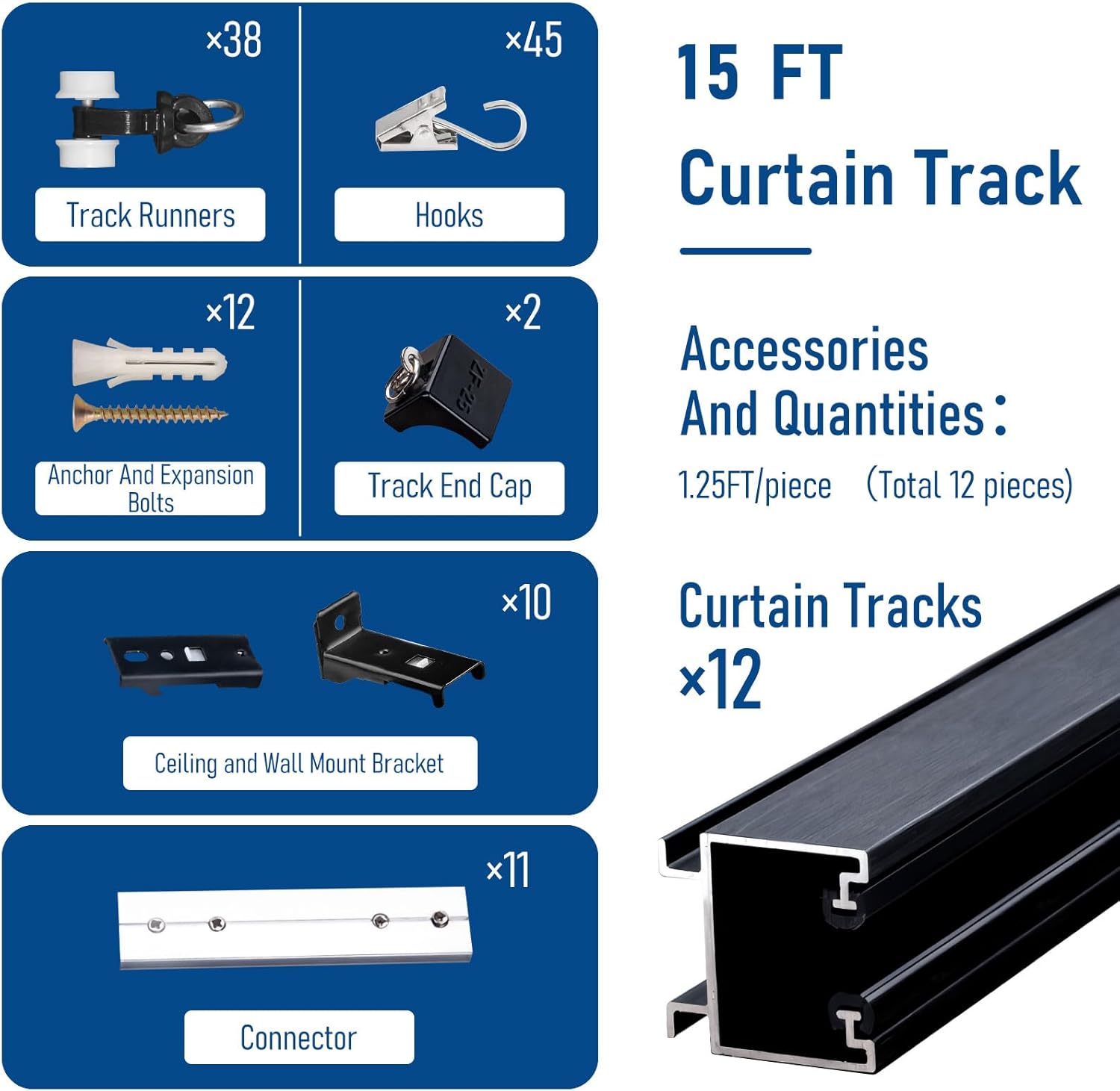 Ceiling Curtain Track kit 15FT Ceiling Curtain Track or Wall Black Heavy Duty Curtain Rail Room Divider Ceiling Track Set with Clips Suitable for Living Room Bedroom Bathroom