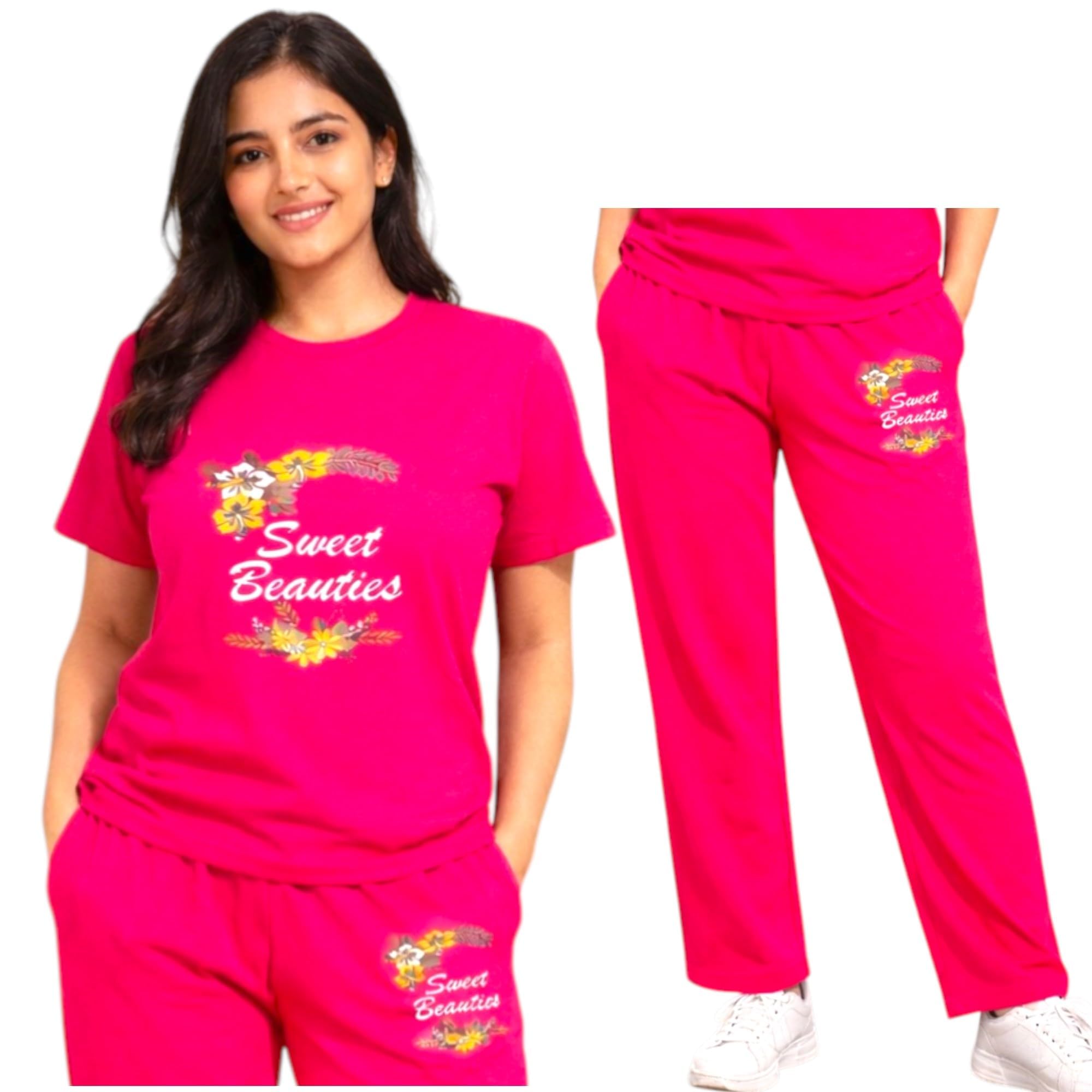 Women Cord Set - Sweet Beauties Printed Cotton T-Shirt Jogger Loungewear Casual Homewear Gym Wear-picture-55
