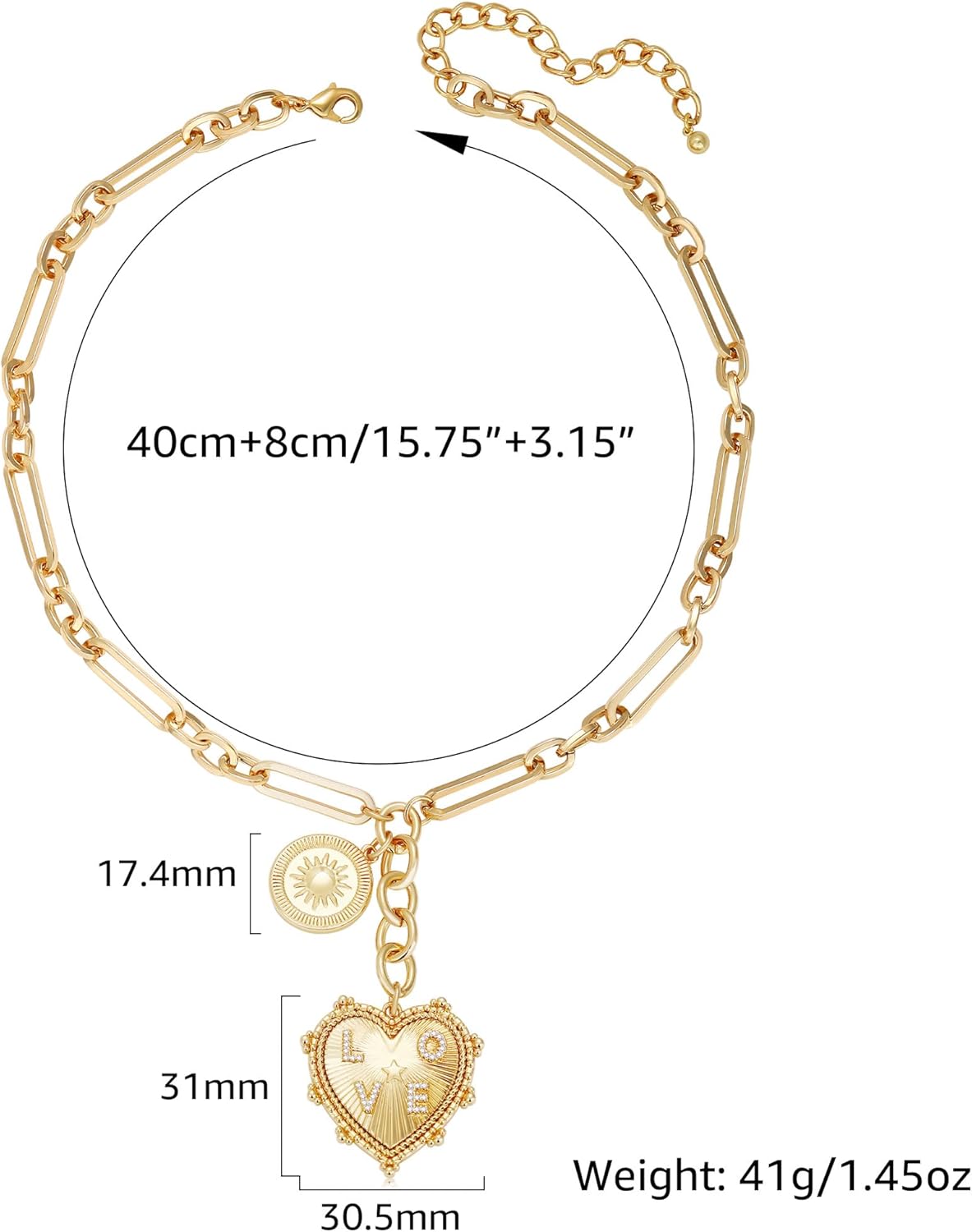 Chunky Gold Necklace for Women, 18K Waterproof Heart Necklace Statement Necklace Gold Charm Necklace Chunky Jewelry Paperclip Chain Choker Gift for Women - Image 3