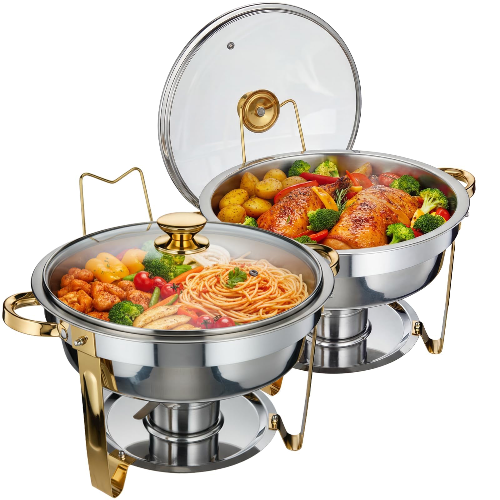 Scaldavivande rotondi in acciaio inox da 5 l, con coperchio e porta carburante, per buffet, feste, matrimoni, catering, banchetti, ideali per riscaldamento e raffreddamento, confezione da 2