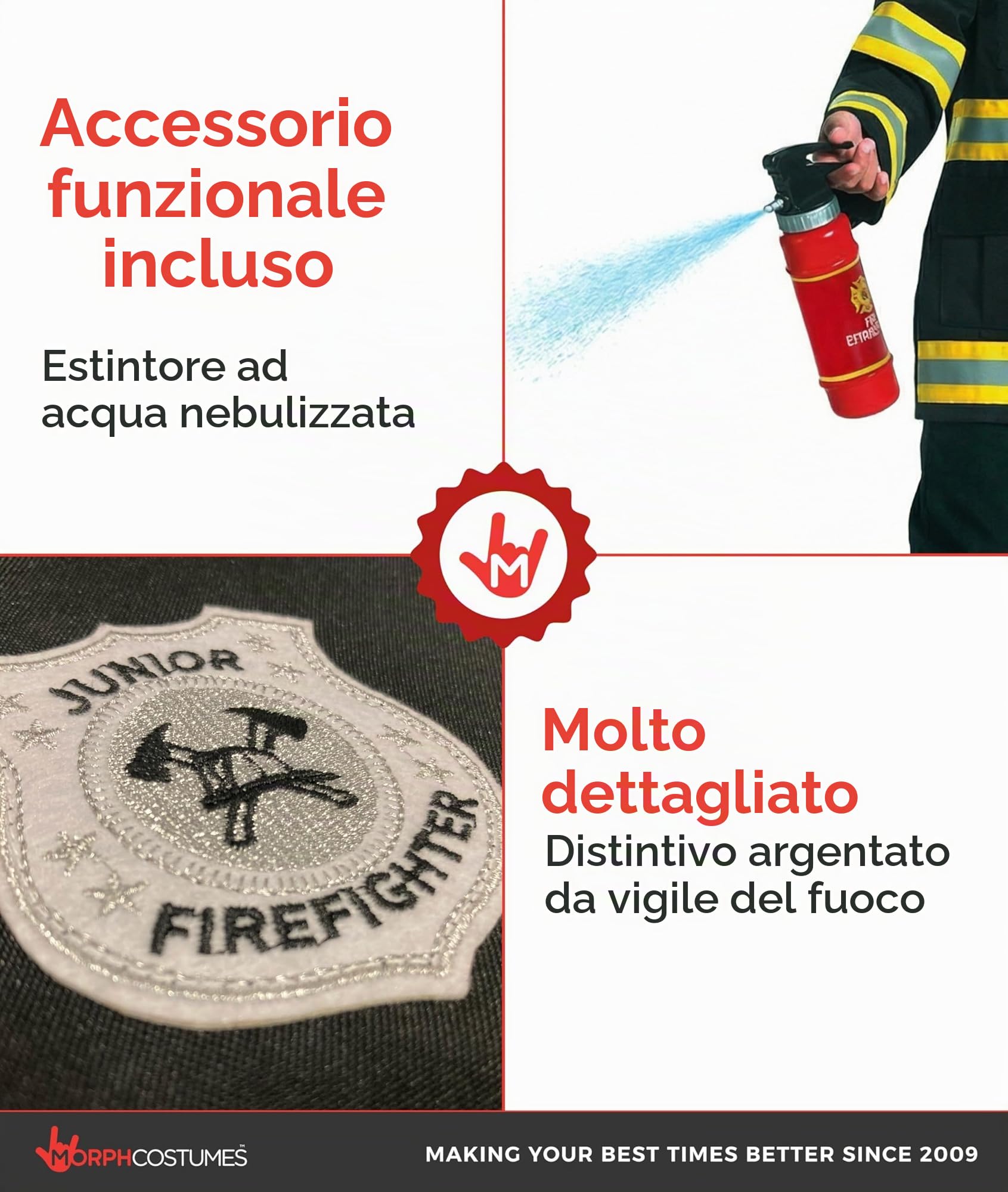 Morph Costume Pompiere Bambino, Costume Halloween Bambino | Giacca con Bordi Riflettenti, Pantaloni, Casco & Estintore, Perfetto per Halloween, Ideale per il Gioco di Ruolo