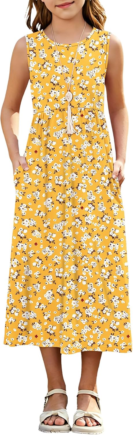 Girls Summer Sleeveless Long Sundress Casual Cute Crewneck Loose Empire Waist Dresses with Pockets 2026 New