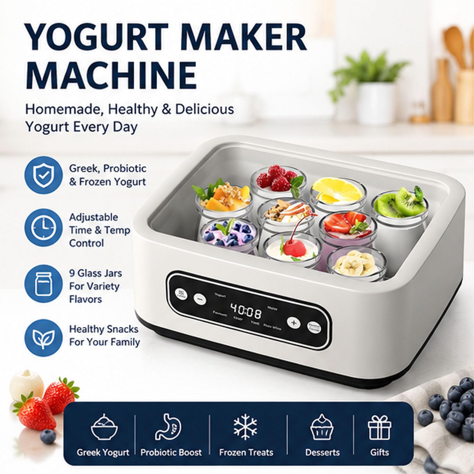 Yogurtiera con controllo regolabile di tempo e temperatura, con 9 vasetti in vetro da 100 ml, spegnimento automatico e temperatura costante, ideale per preparare dessert greci fatti in casa