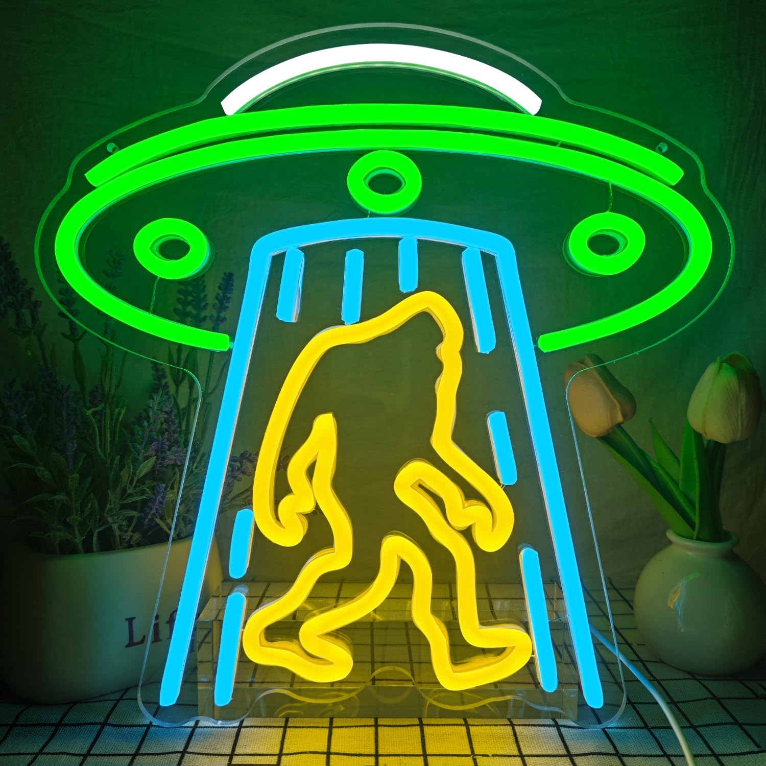 UFO Neon Sign for Wall Decor Alien Spaceship Bigfoot Neon Sign Dimmable UFO Neon Light up Sign for Bedroom Kids Space Game Room Neon Wall Signs Decor